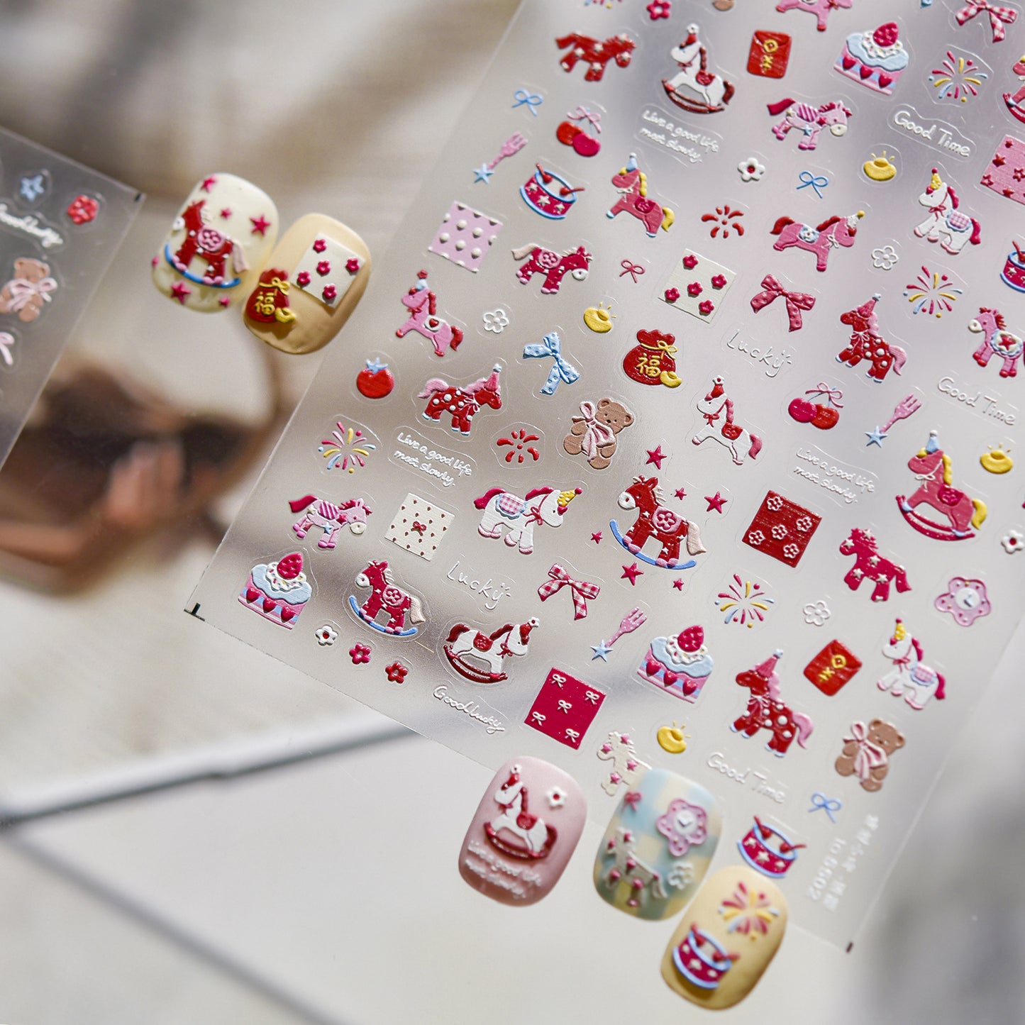 Embossed Festive Nail Stickers – Rocking Horse & Lucky Charm Set