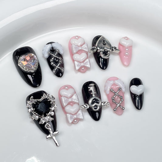 Handmade Press-on Nails Millennium Spice Girl wind black powder sweet cool nail art finished patch fake nails｜365nails