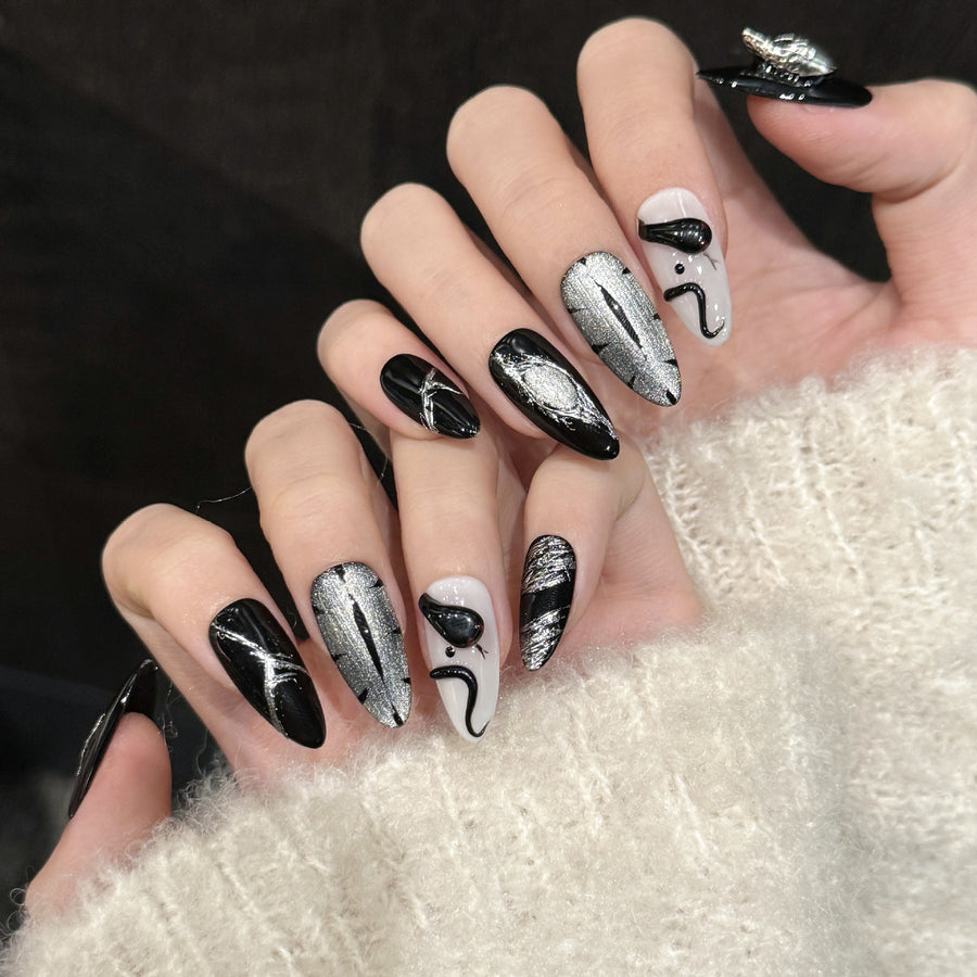 365nails: "Noir Serpent" – Hand-Painted Cat Eye Snake Art Handmade Almond Nails