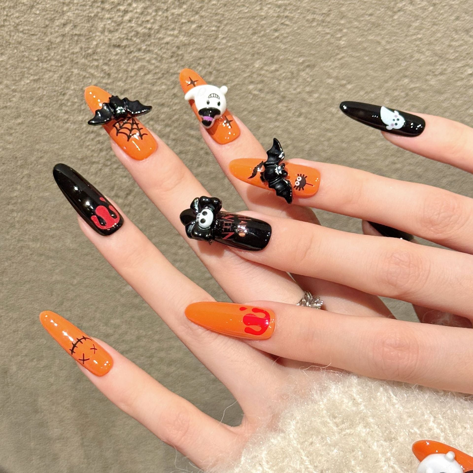 Halloween Ghost Skull Orange Black Horror Press On Nails