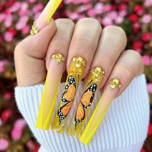 Wearing armor Premium yellow beveled French wearing armor Butterfly rhinestone fake nail piece Wholesale nail piece, wearing armor｜365nails