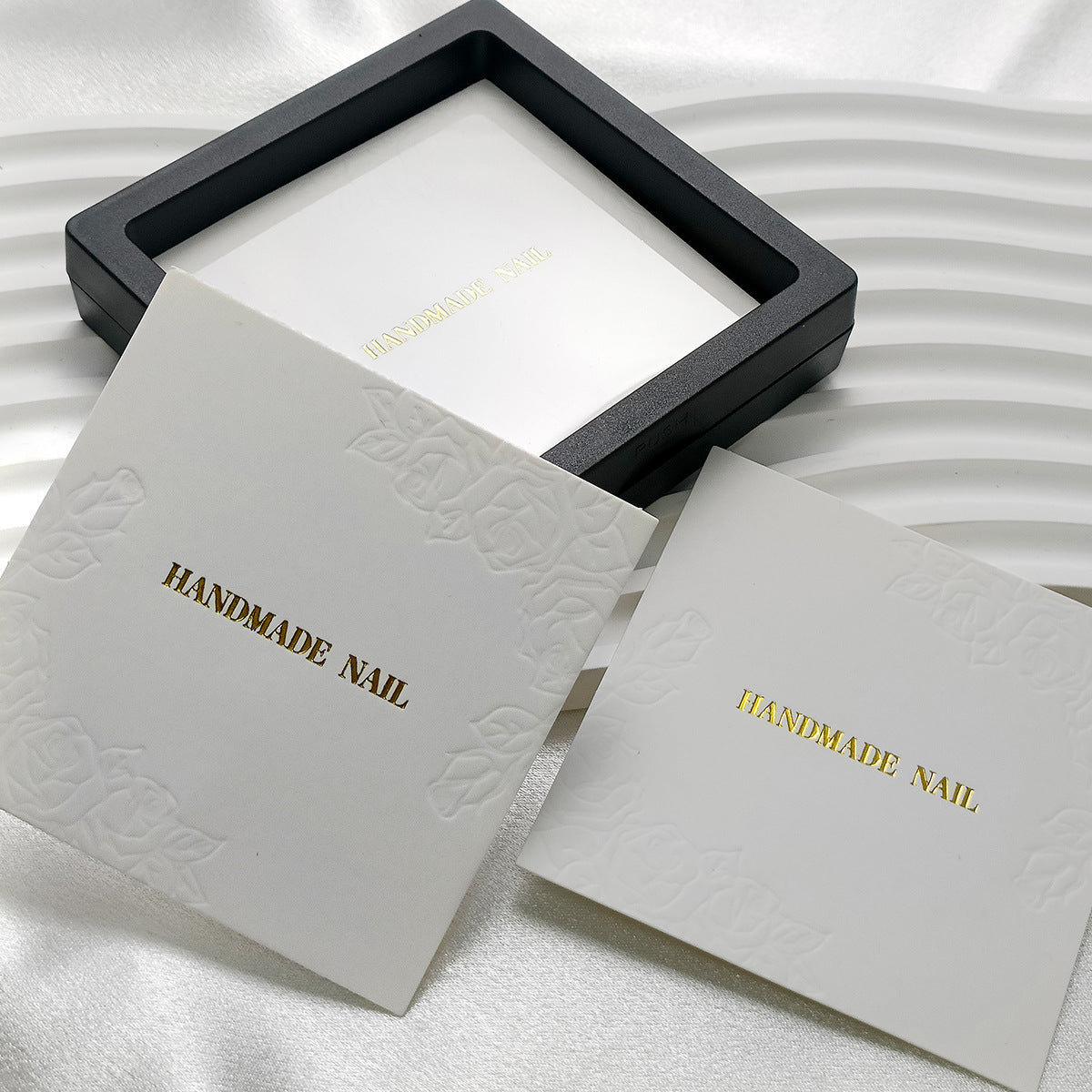 Embossed Handmade Nail Display Cards with Gold Lettering