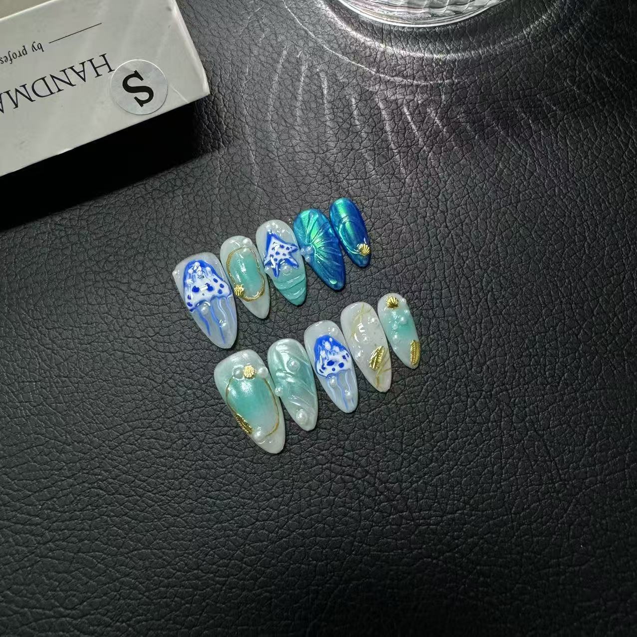 365nails: "Aqua Treasure" – 3D Seashell & Gold Leaf Handmade Stiletto Nails