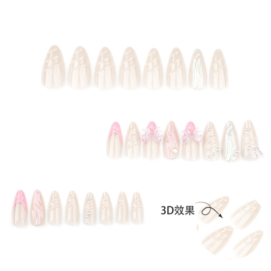 Unhas postiças francesas de pressão rosa, manicure com pérolas 3D, unhas postiças com laço tridimensional, unhas postiças ｜365nails