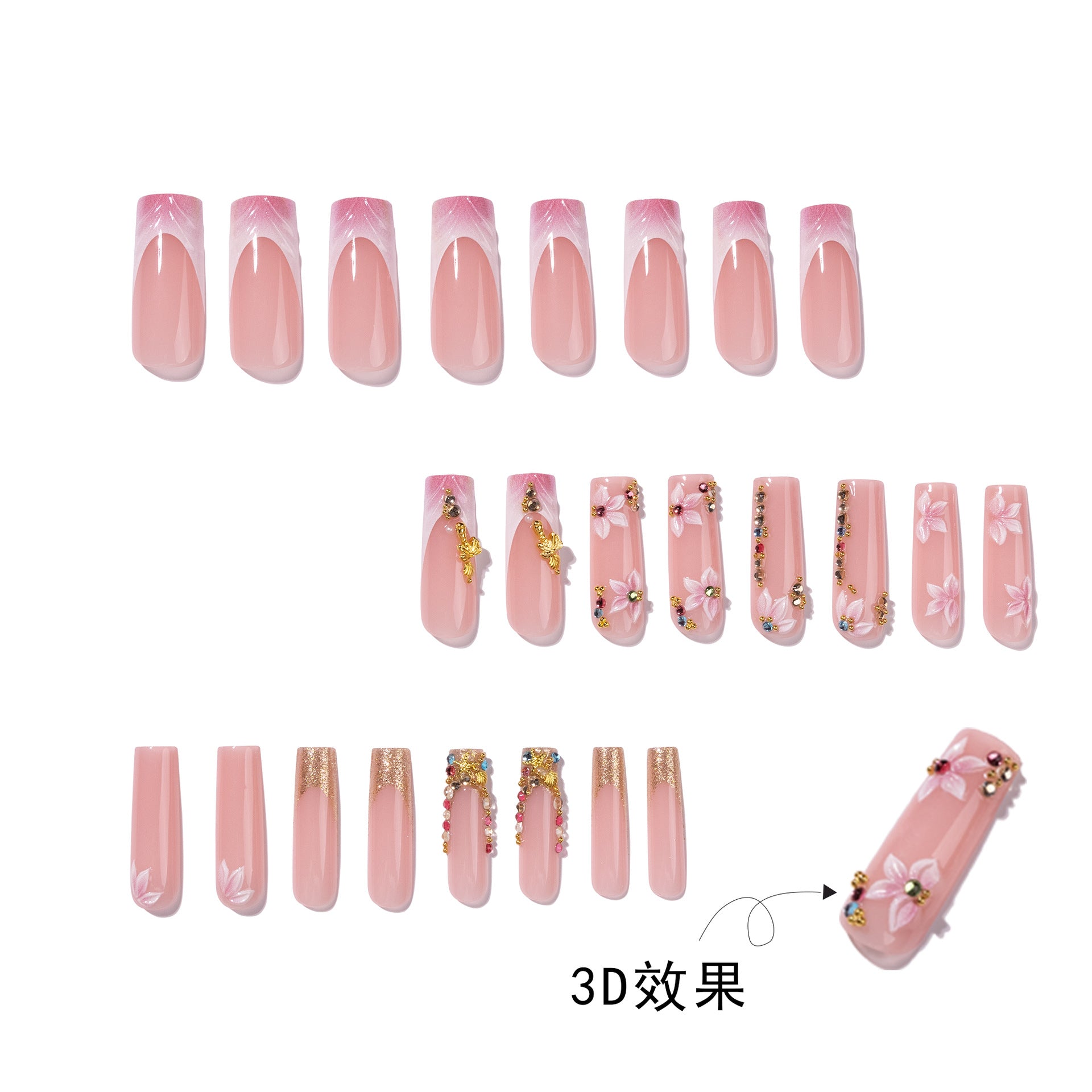 365nails: "Pink 3D Flower with Gold and Rhinestone Accents Square" – Luxury Press-on Nails