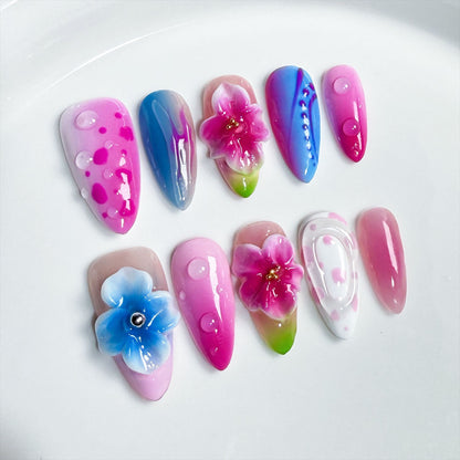 Handmade Press-on Nails 3D Three-dimensional Carved Blush Nail  Contrast Color Almond Nail Wearable Fake Nails｜365nails