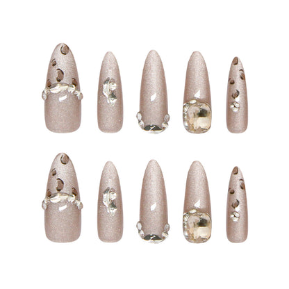 Nail Tips  prefabricated nail temperament flash champagne leopard print cat eye elegant white detachable diamond press on nails 30 pieces｜365nails