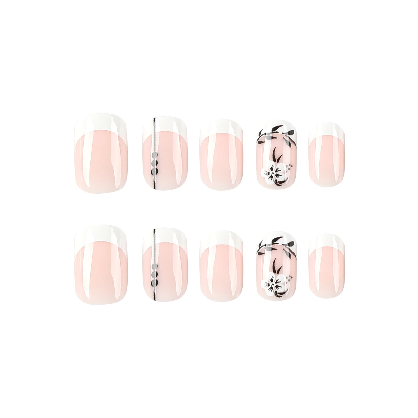 Armadura de atacado com flor francesa branca e folha preta, manicure curta com prensa para unhas ｜365nails