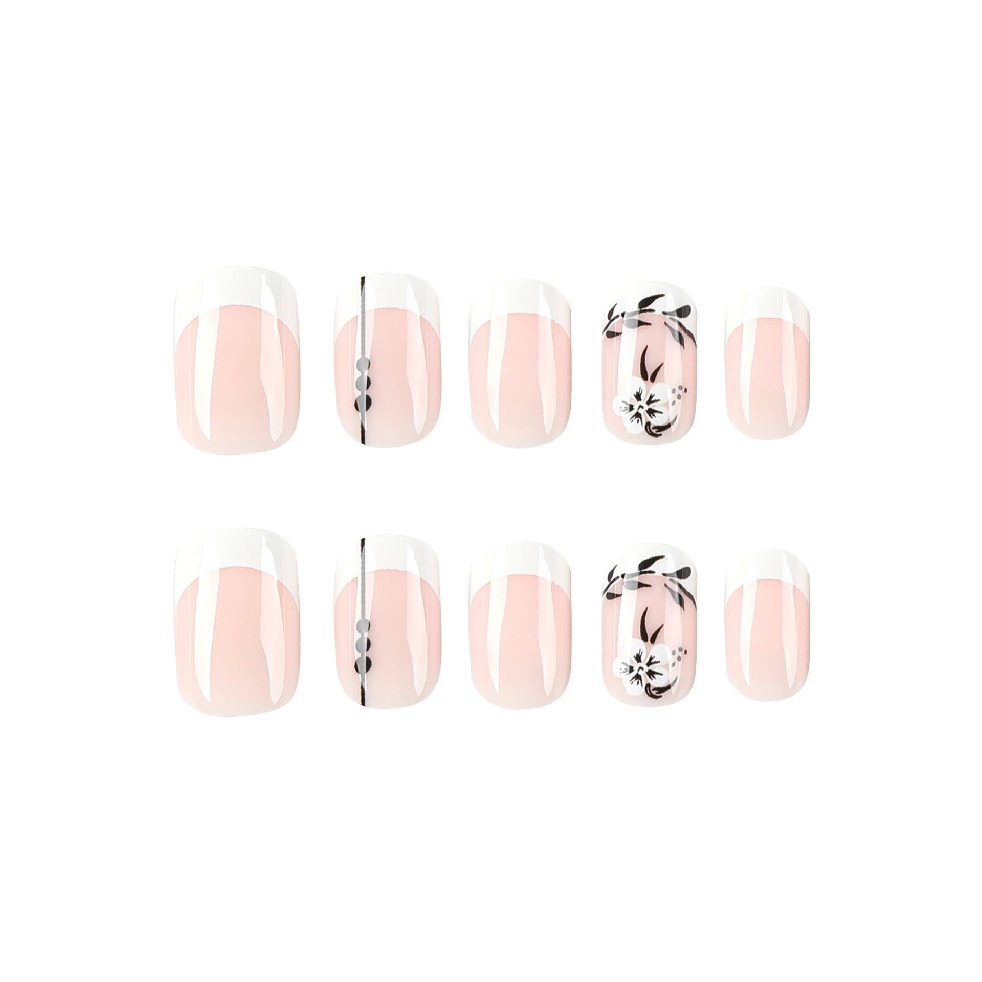 Armadura de atacado com flor francesa branca e folha preta, manicure curta com prensa para unhas ｜365nails