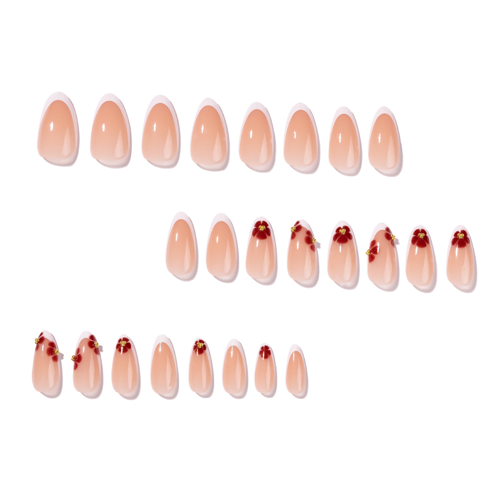 365nails: "Red Floral French Oval" – Romantic Press-on Nails