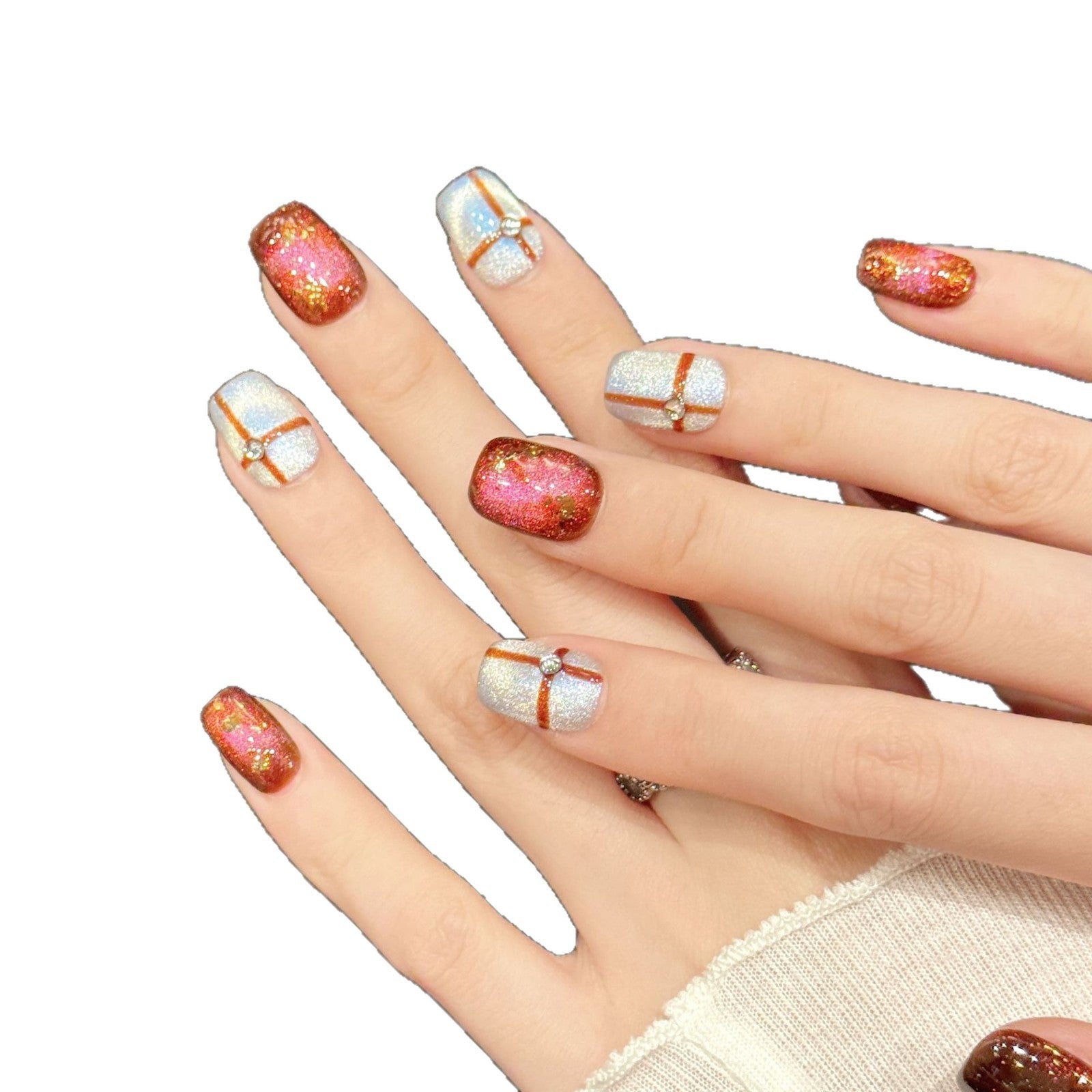 365nails: "Nebula Cross" – 3D Gold Foil Cross Handmade Short Square Nails