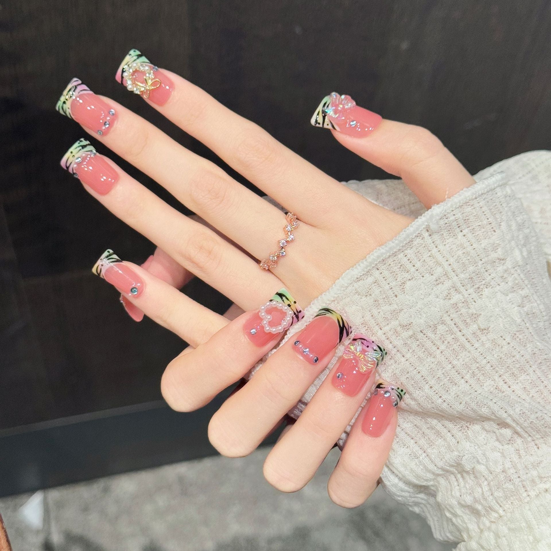 365nails: "Iridescent Reverie" – 3D Butterfly & Pearl Handmade Press on Nails Short Square Nails