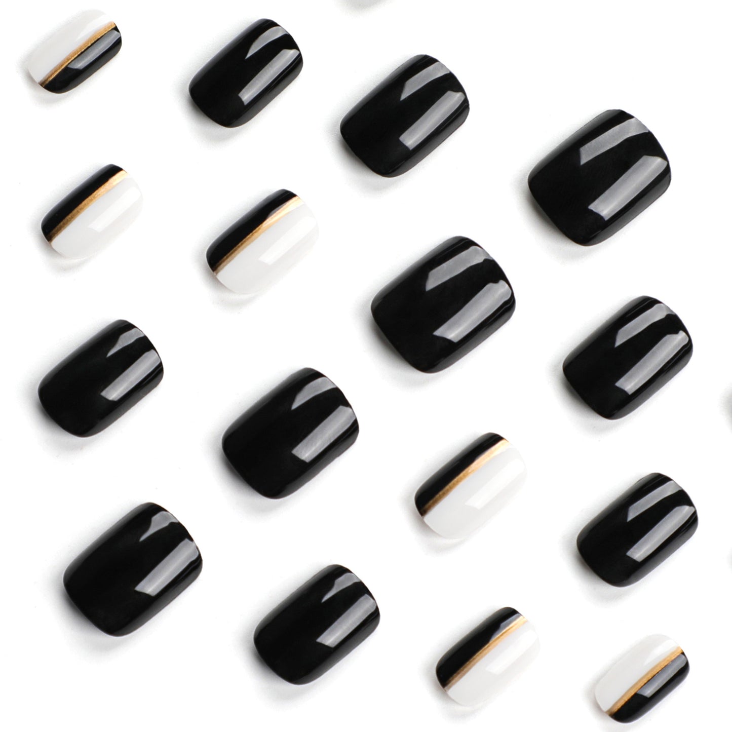 Uñas postizas clásicas de color negro sólido, con diseño de rayas doradas, para manicura, venta al por mayor | 365nails