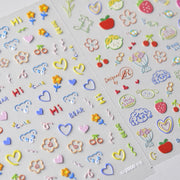 Colorful Bear & Charm: "Playful Doodle" – 5D Embossed Nail Sticker
