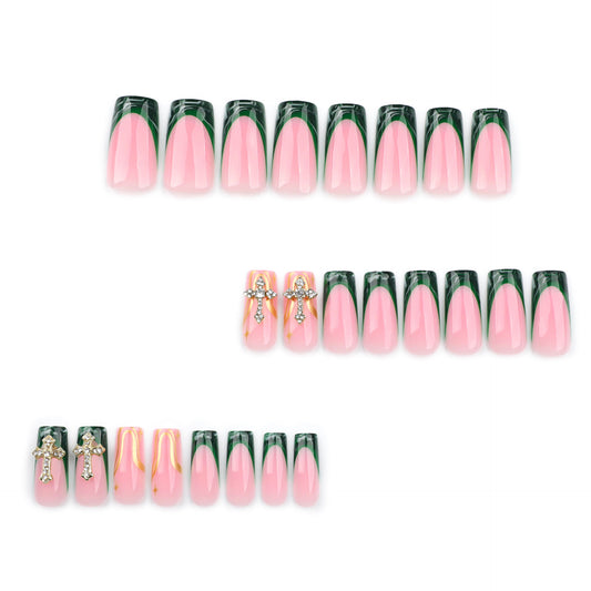 French green smudge manicure fake  gold dot diamond luxury cross    ｜365nails
