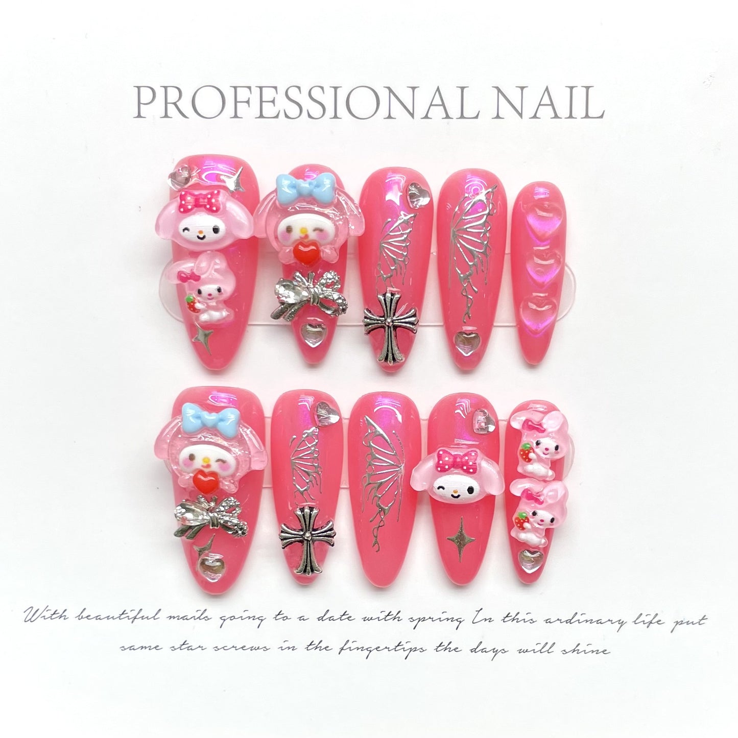 Mourning Sweet Looking Cyberpunk Rabbit Hand-painted Nail Art Autumn and Winter White Crowe Heart Chain | 365nails