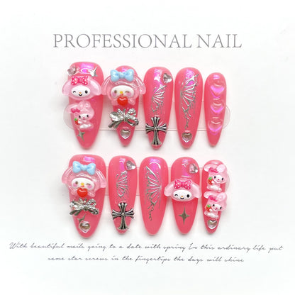 Mourning Sweet Looking Cyberpunk Rabbit Hand-painted Nail Art Autumn and Winter White Crowe Heart Chain | 365nails