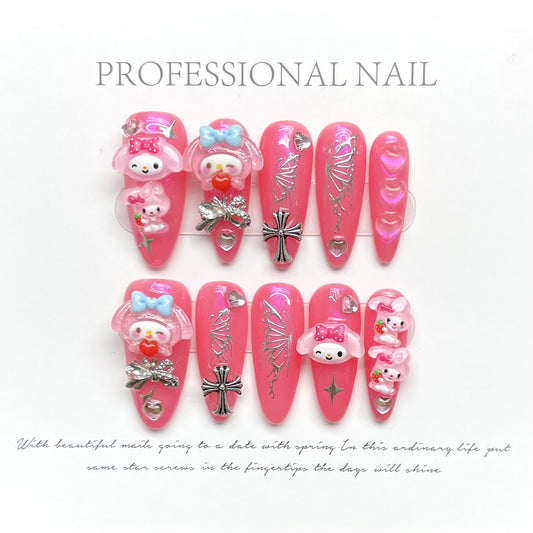 Mourning Sweet Looking Cyberpunk Rabbit Hand-painted Nail Art Autumn and Winter White Crowe Heart Chain | 365nails