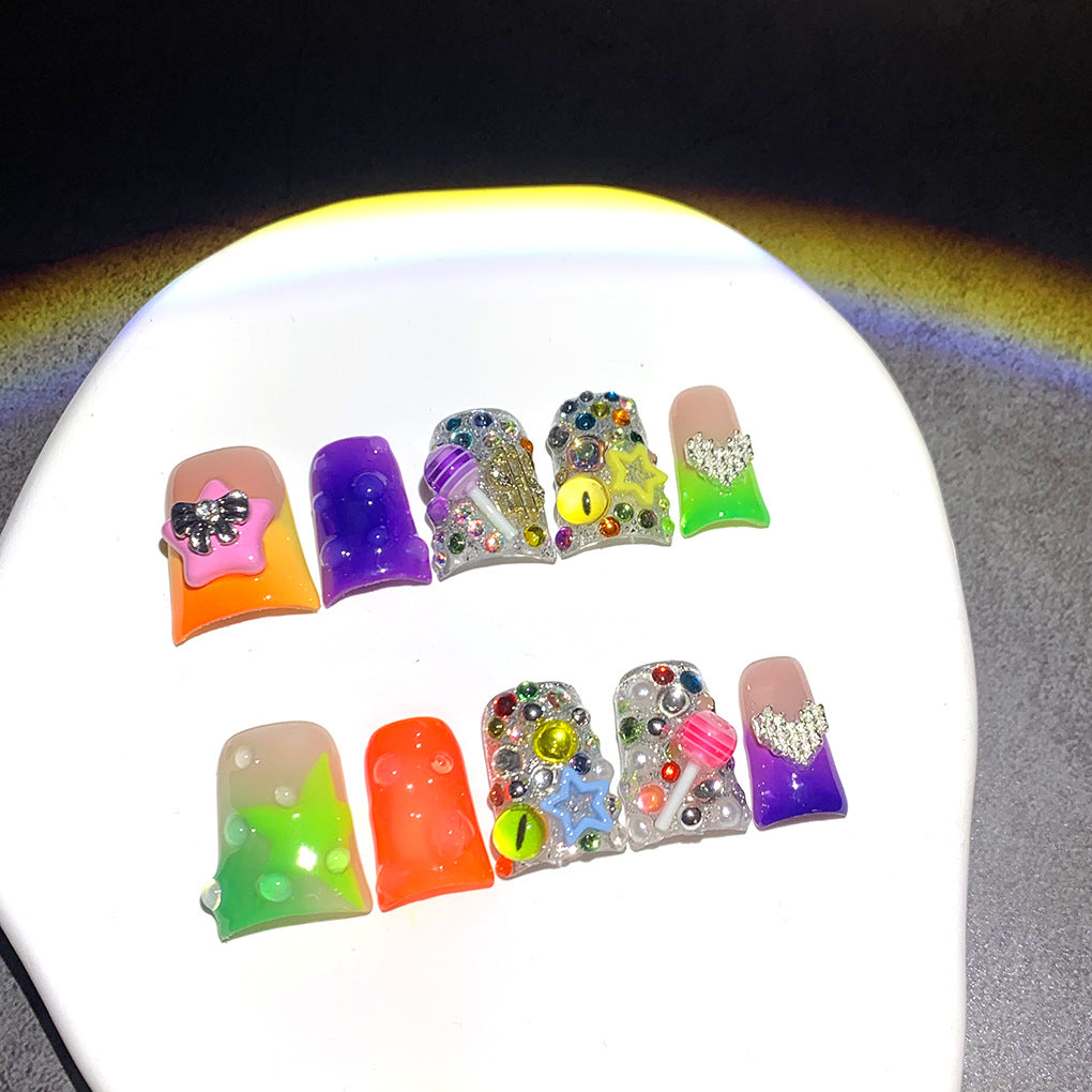 Neon Candy Star Crystal Short Press On Nails