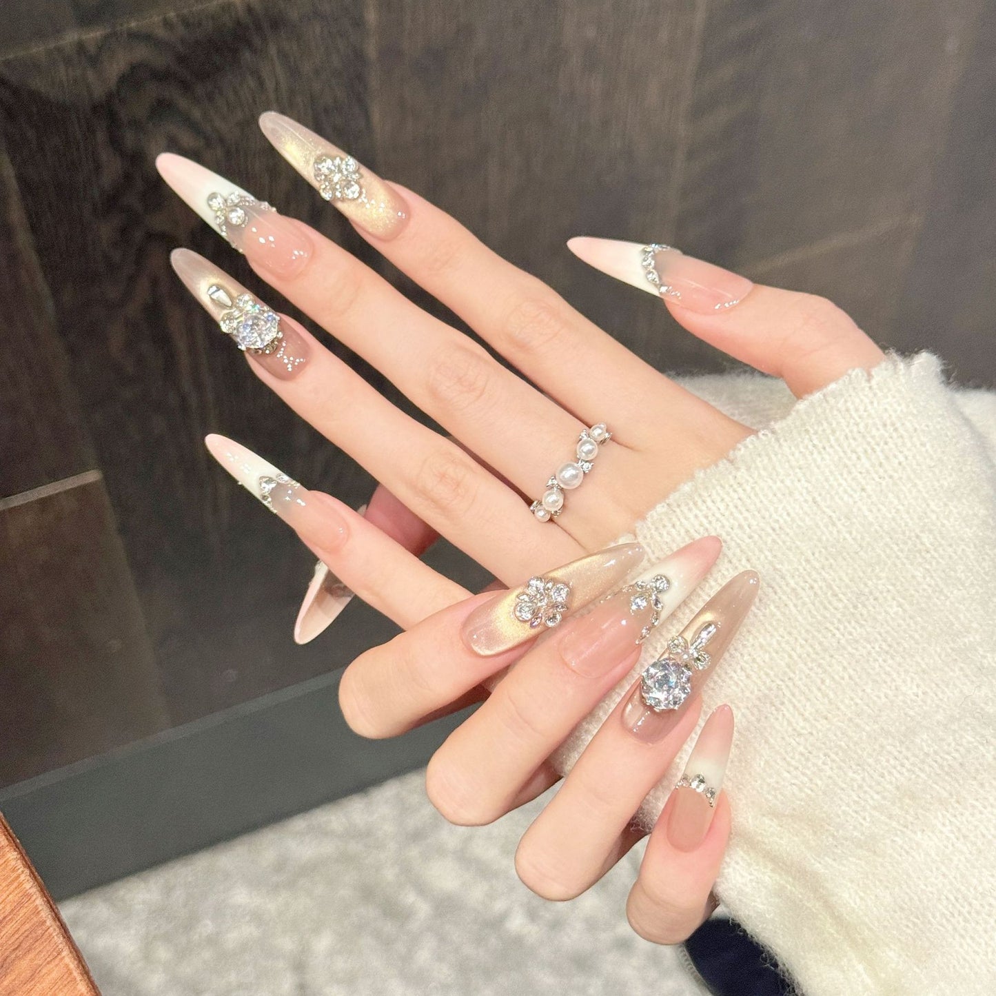 Blush Nude Crystal Luxury Gradient Press On Nails