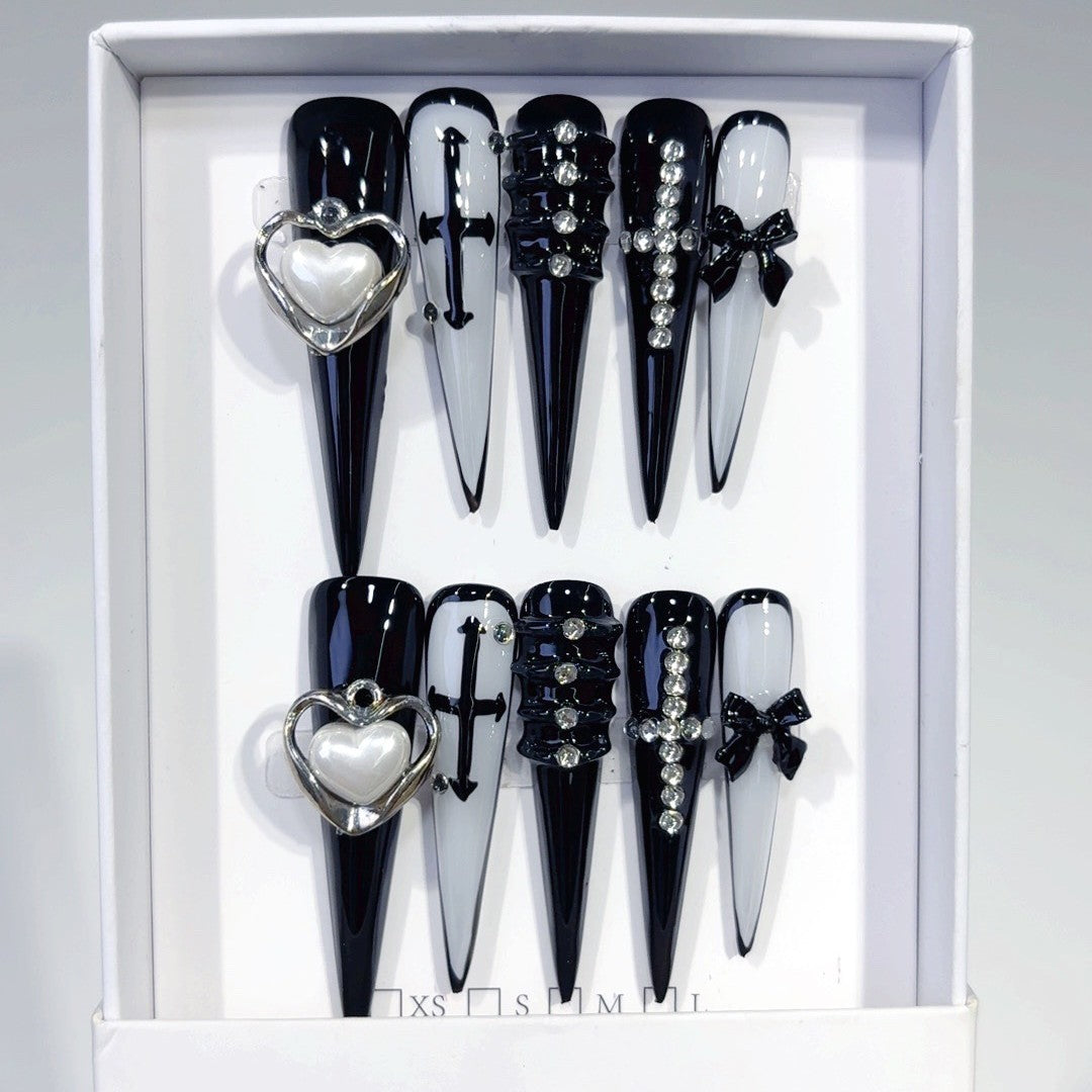 Gothic Black White Heart Cross Press On Nails