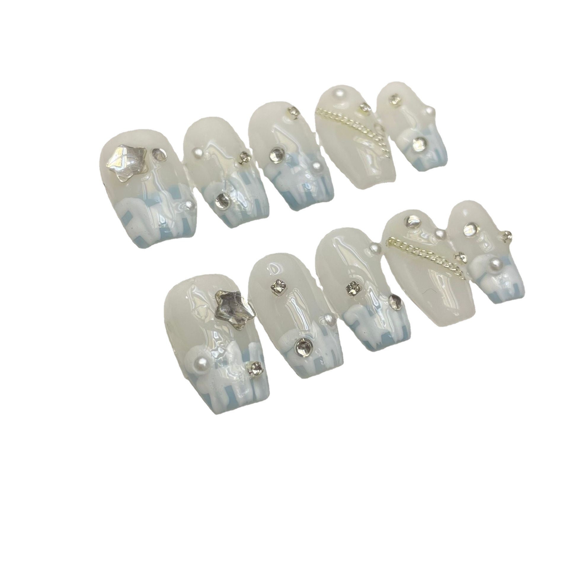 365nails: "블루 프렌치 판타지" – 3D 별 & 크리스탈 수제 스퀘어형 네일