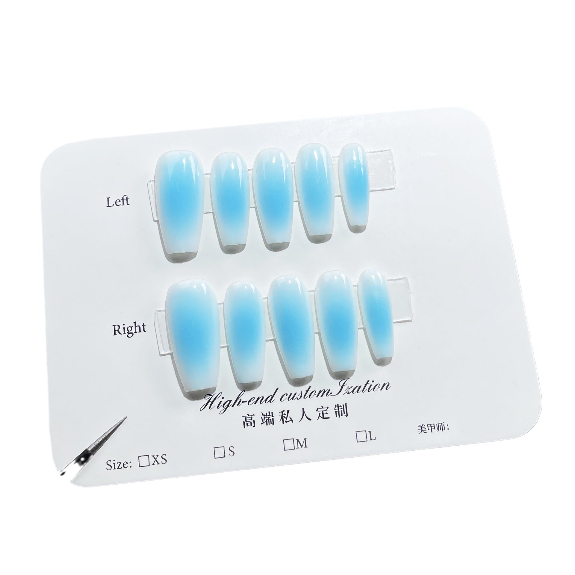 Unhas postiças artesanais, aerógrafo, blush azul-oceano e branco, remendo de unha médio e longo, remendo de unha simples Spice Girl usável ｜ 365nails