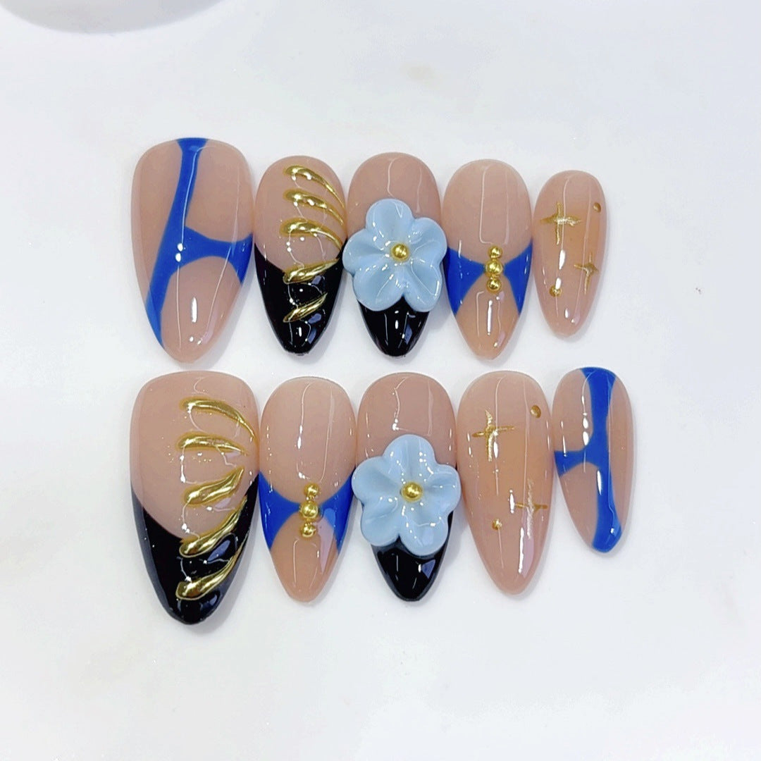 Blue Bloom: "Nude Gold Chain" – Almond Shape Handmade Press-On Nails