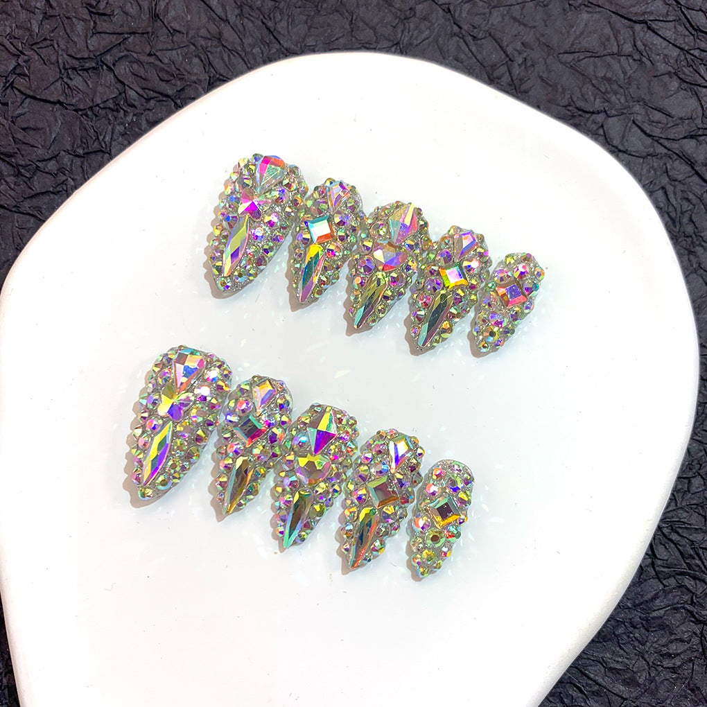 Iridescent AB Crystal Nails with Full Sparkle Glam Look