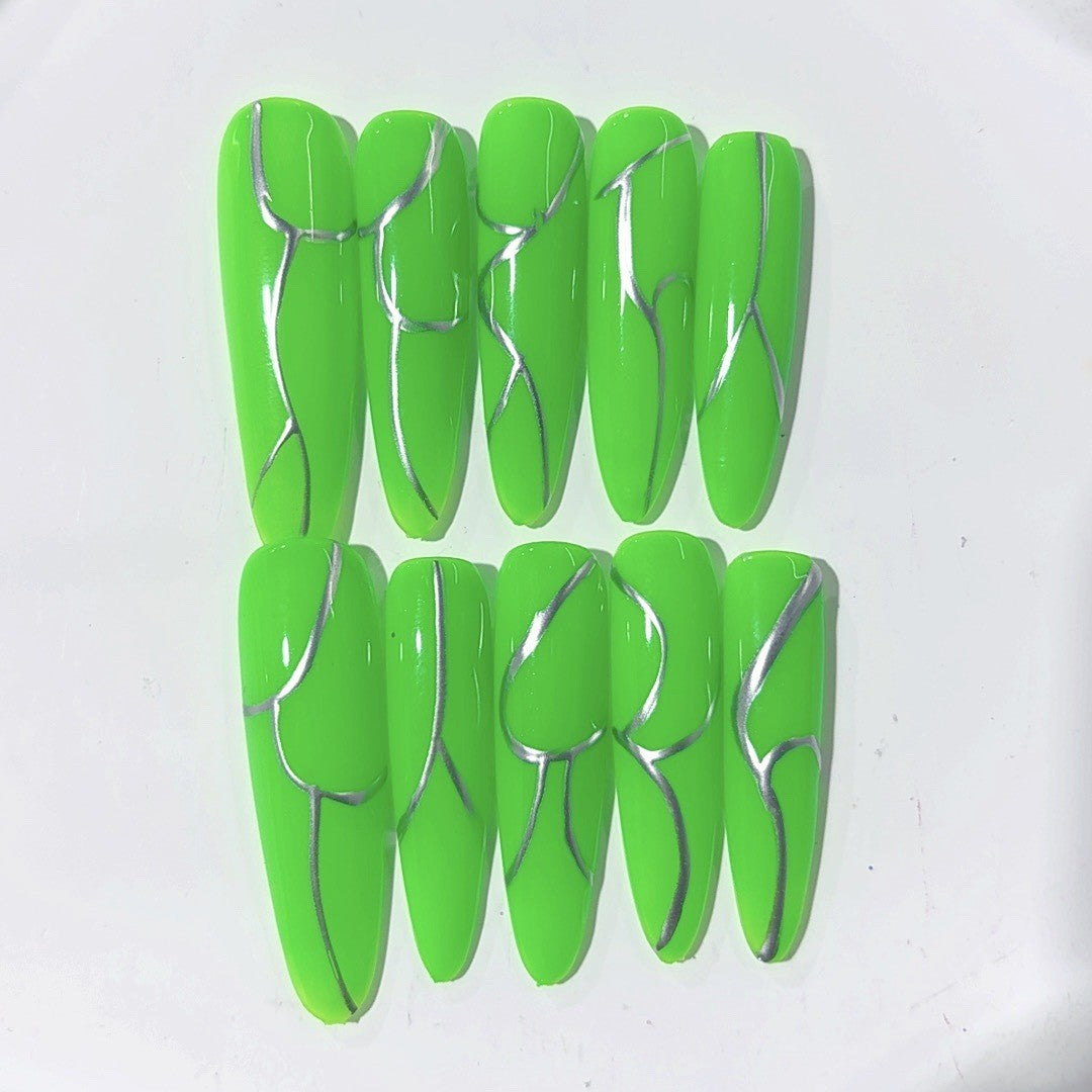 Neon Green Metallic Line Minimal Press On Nails