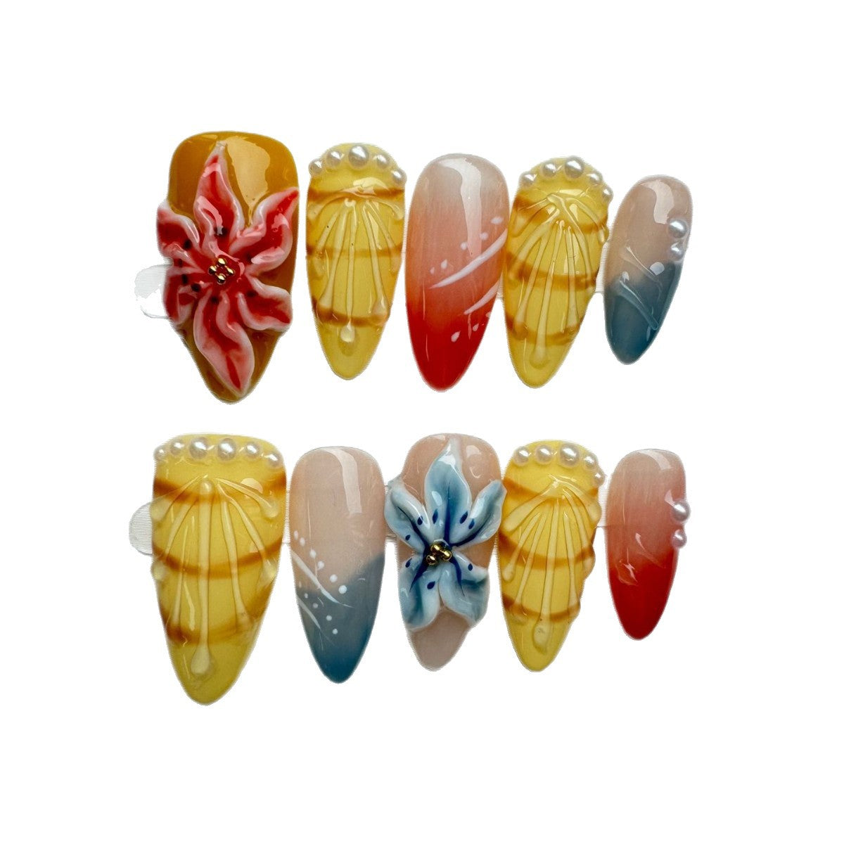 365nails: "Summer Breeze" – ongles press-on forme amande 3D, motifs floraux, faits main