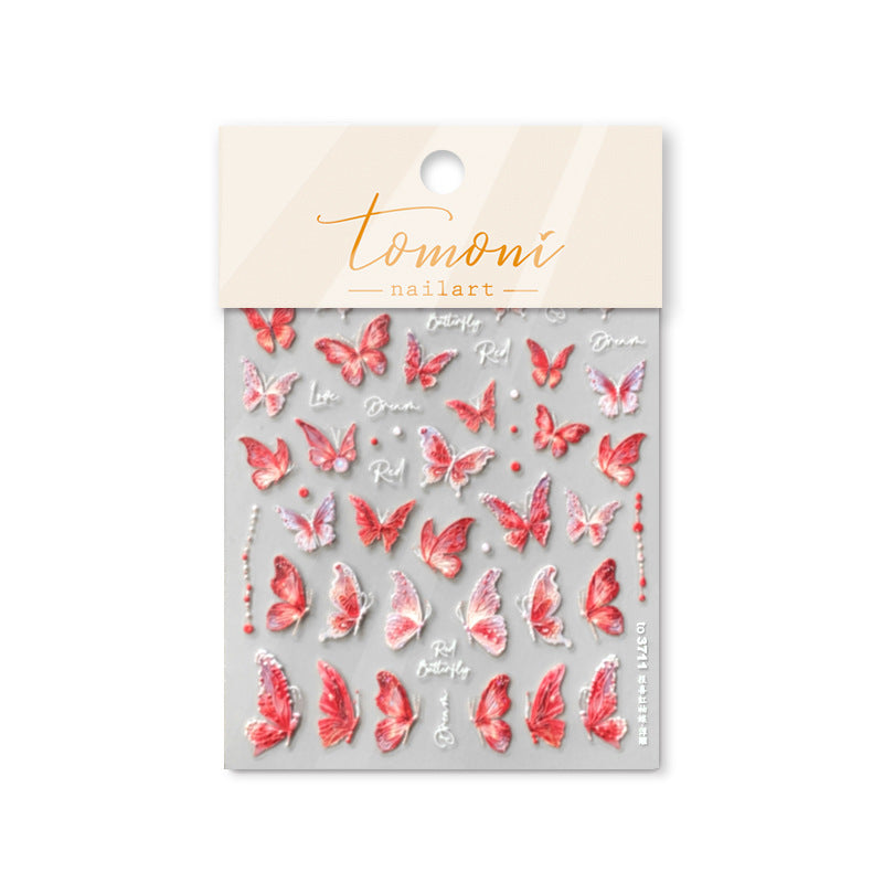 Crimson Butterfly: "Enchanted Red Butterfly" – 5D Embossed Nail Sticker