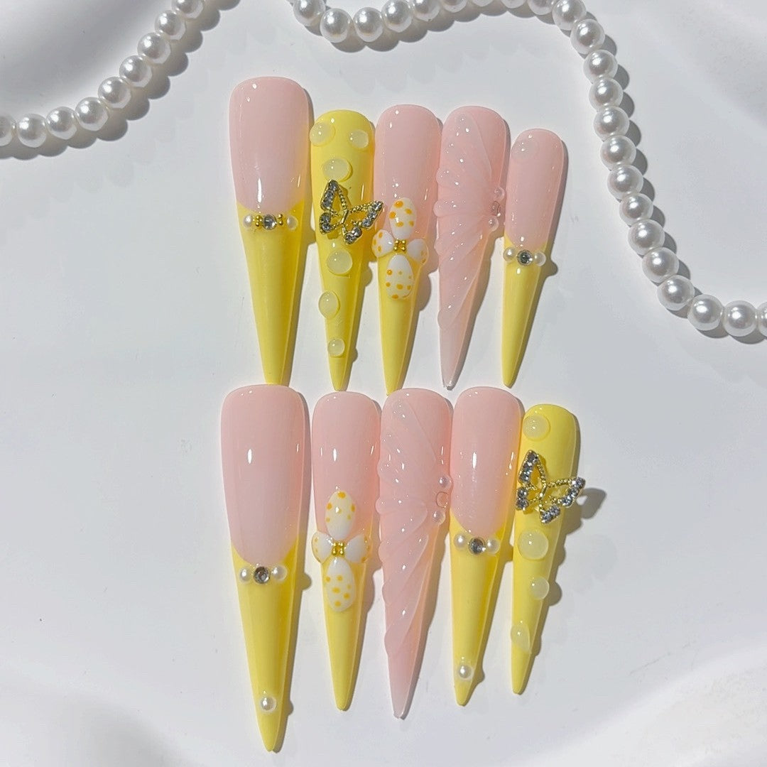 Blush Yellow Butterfly Crystal Press On Nail Set