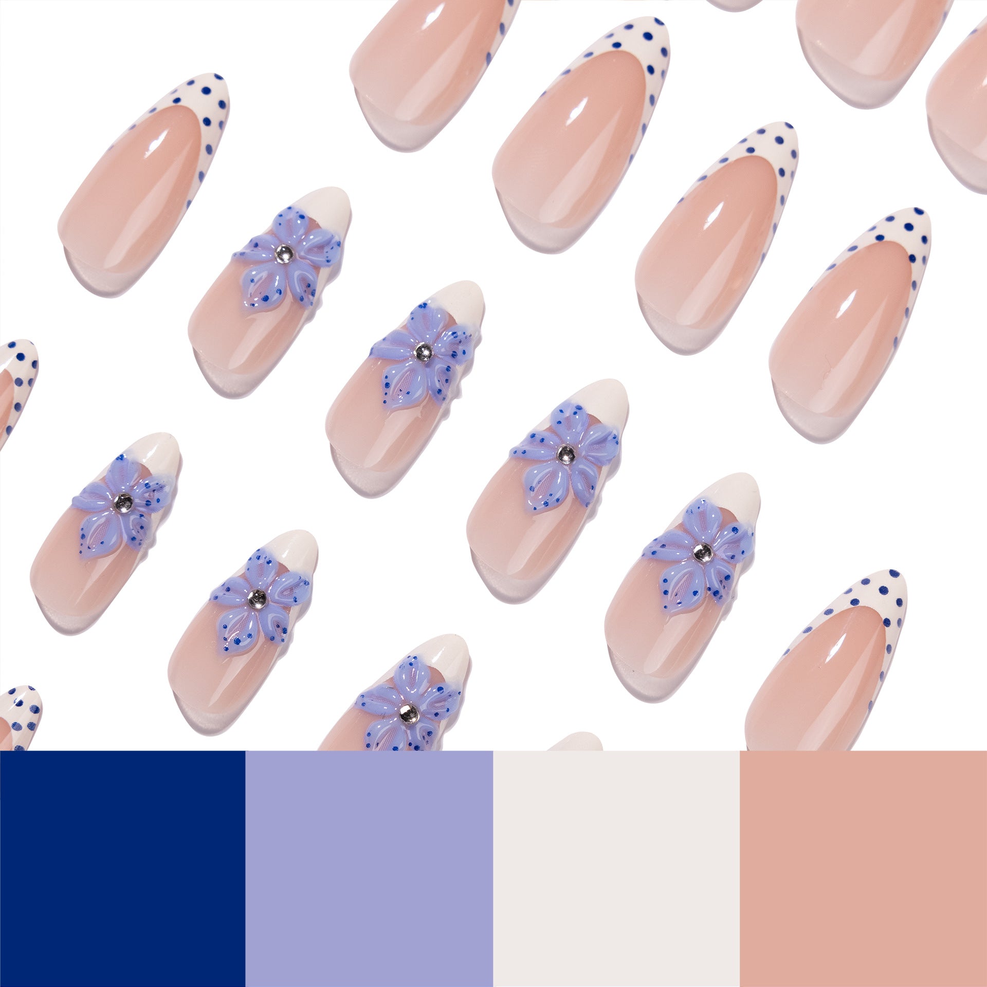 365nails: "Blue Floral Polka Dot French Almond" – Delicate Press-on Nails