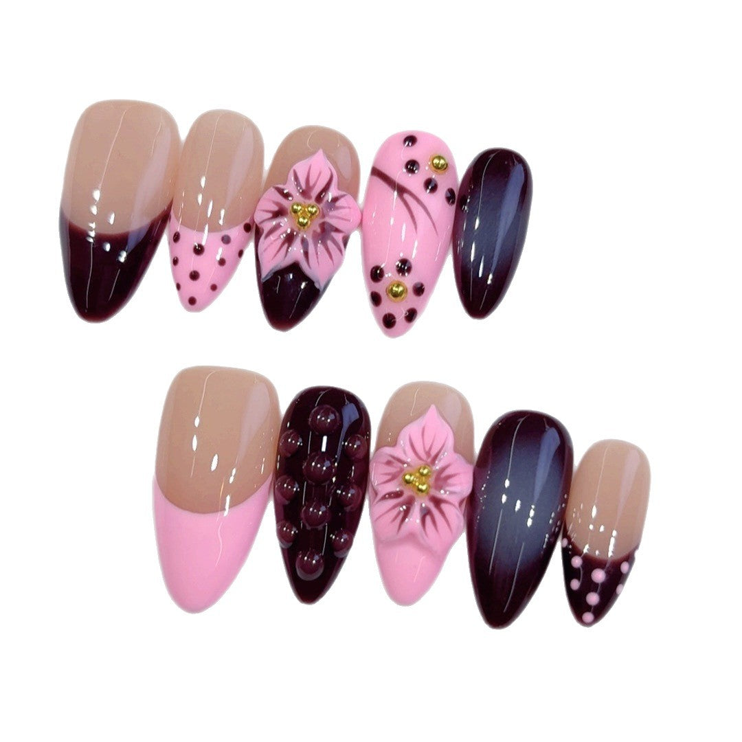 Noir Pink: "Midnight Cherry" – Long Almond Handmade Press-On Nails