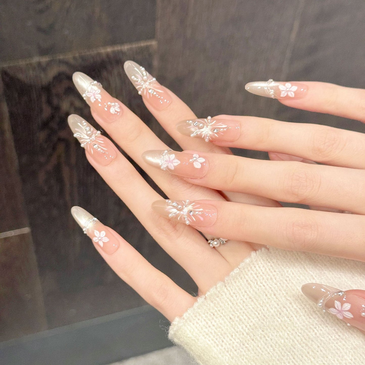 Peach Blossom Pearl Crystal Elegant Press On Nails