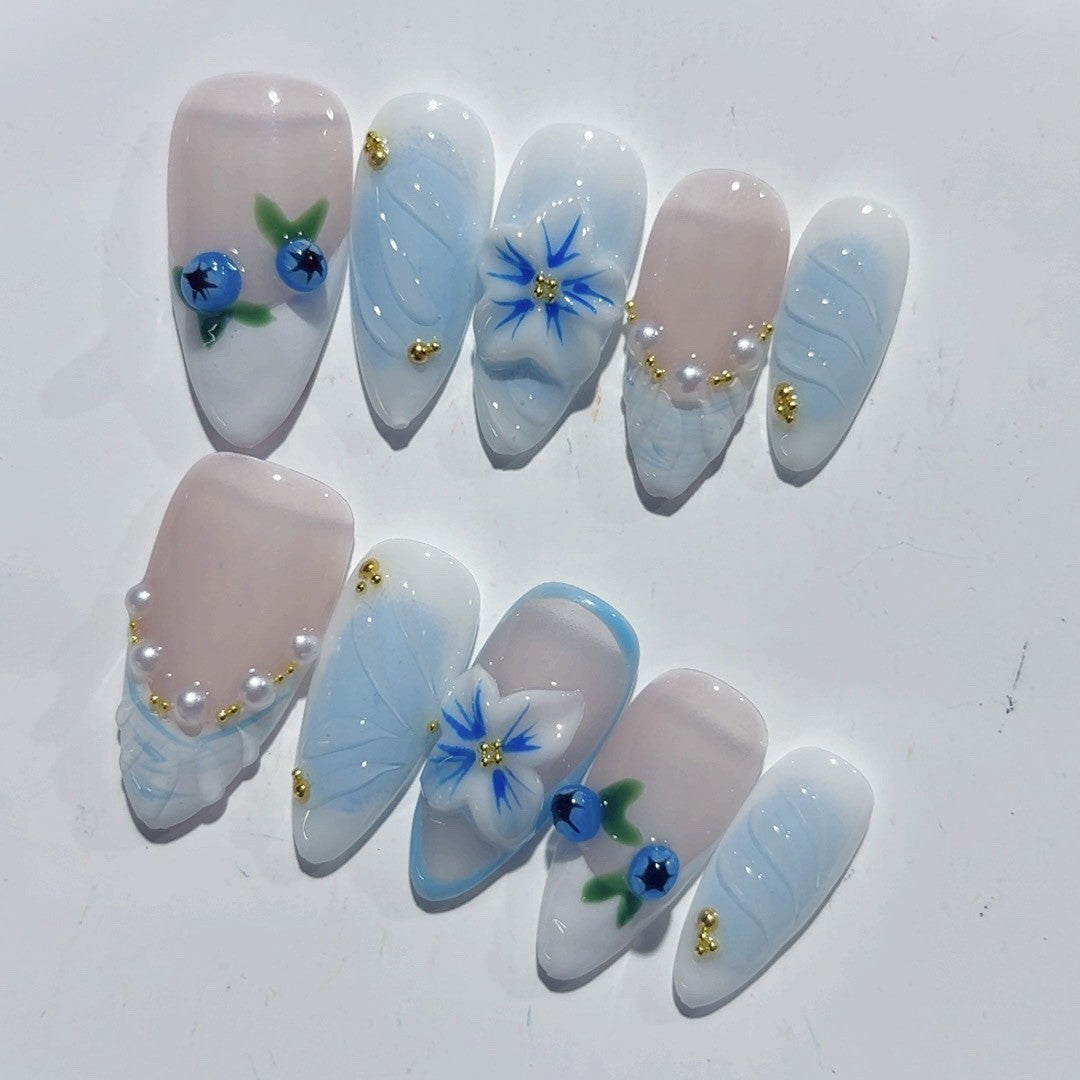 Blueberry Breeze: "Azure Berry Bloom" – Almond Press-On Nails