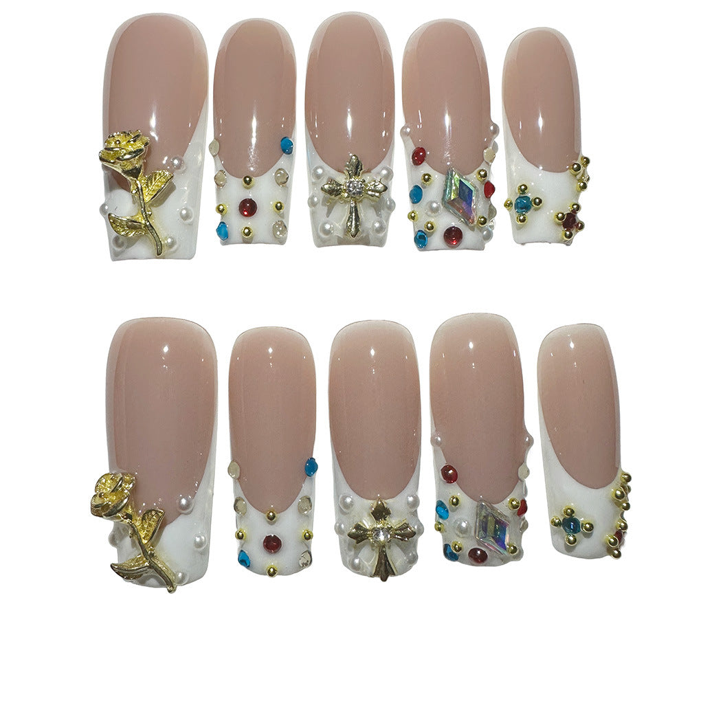 Gemstone Couture Collection: "Jewel Encrusted Nude" – Medium Almond Press-On Nails