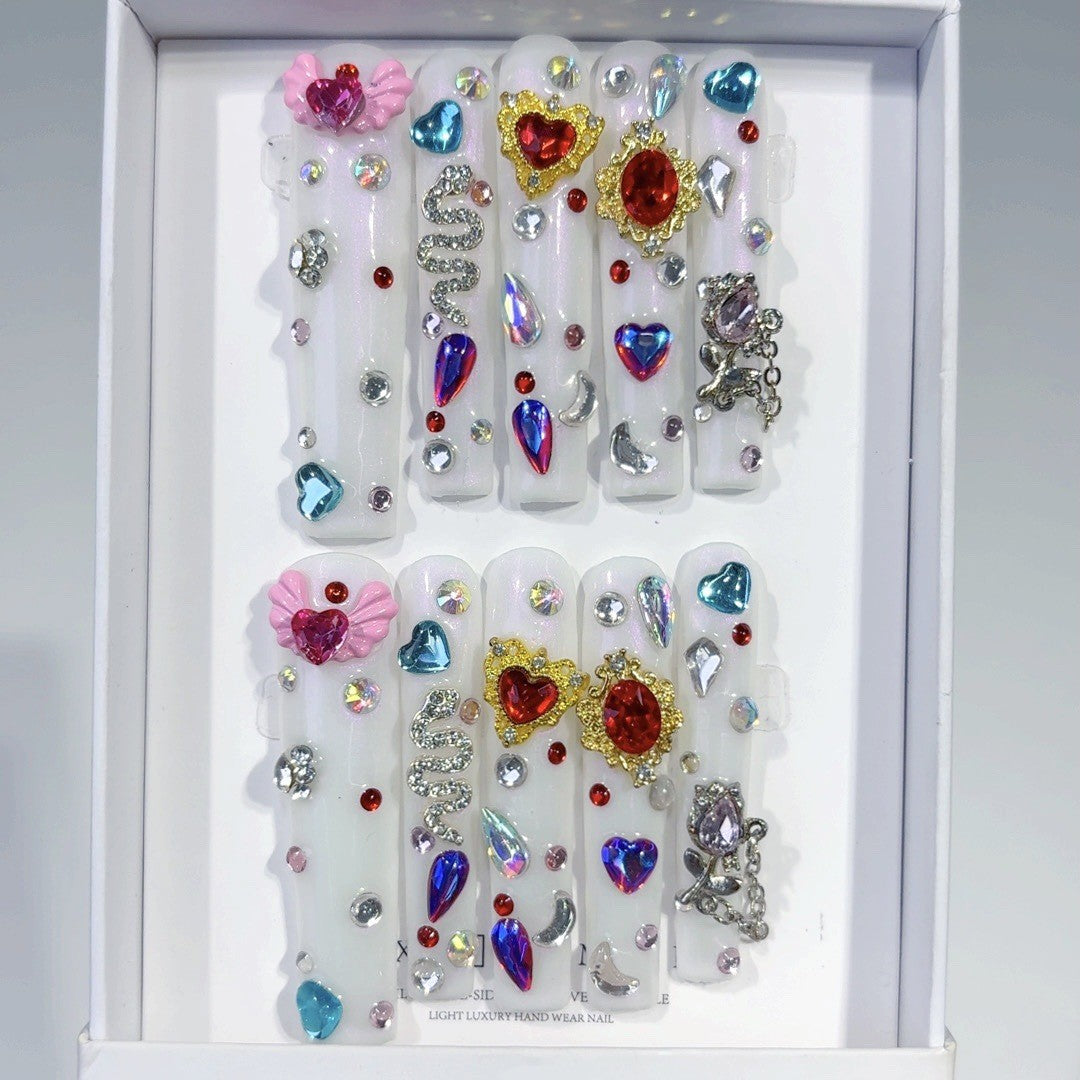 White Crystal Charm Press On Nails