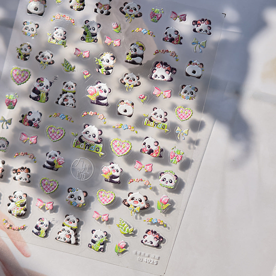 Cute Panda & Floral Nail Stickers – 5D Embossed Kawaii Panda Set
