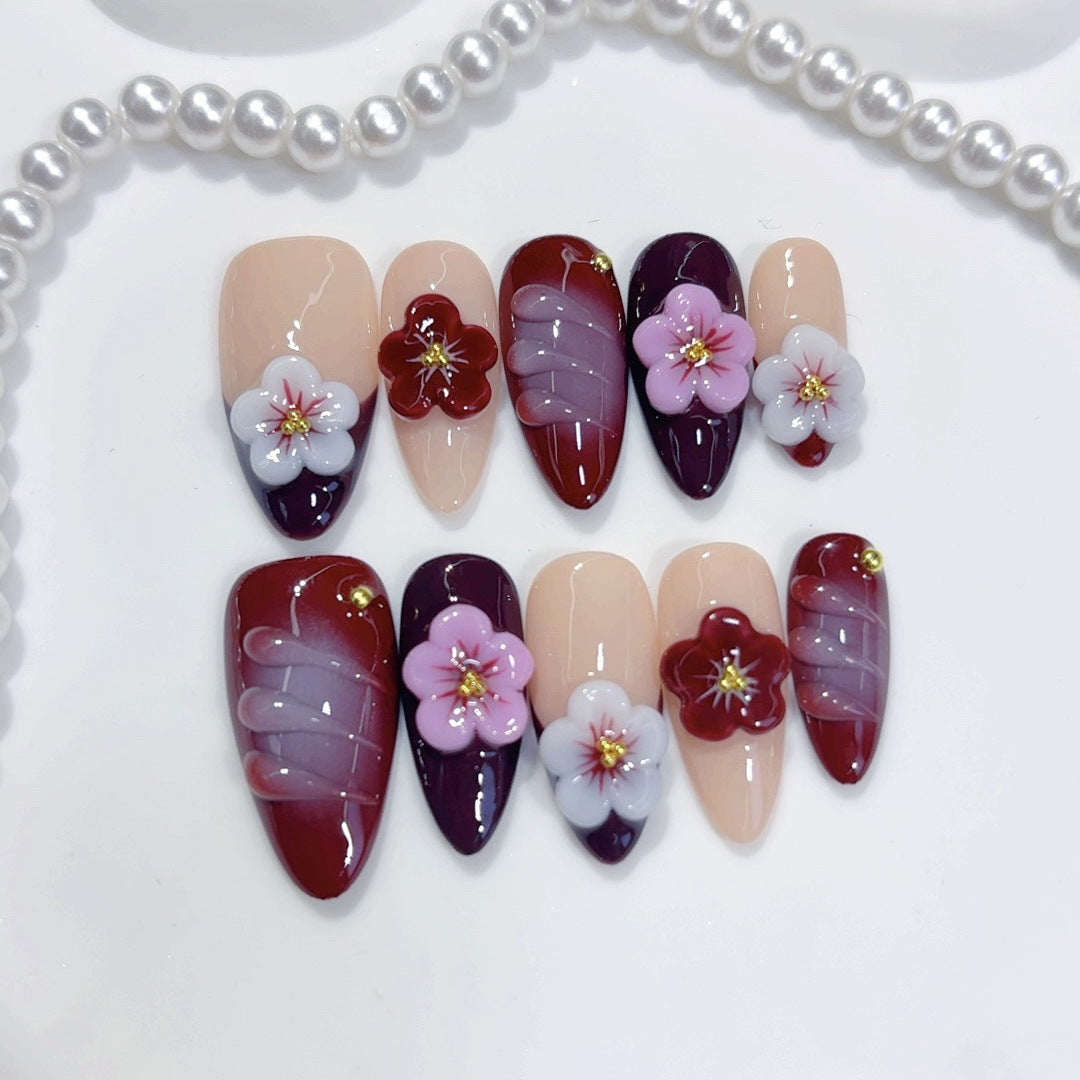 梅花夜色：「酒紅花卉」— 杏仁形手工製穿戴甲
