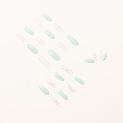 Ice transparent blue glitter powder press on nail wear finished nail art fake nail nail art patch removable nail piece｜365nails