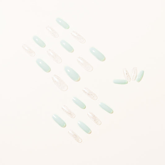 Ice transparent blue glitter powder press on nail wear finished nail art fake nail nail art patch removable nail piece｜365nails