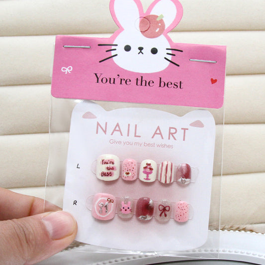 Cartoon pink cute childlike rabbit pastry bow smudged three-dimensional striped cat eye fine flash kids nails｜365nails