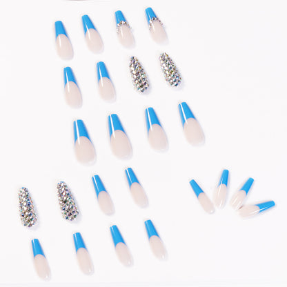 Blue French full diamond presson nail wearing finished nail art fake nail removable nail patch  special supply｜365nails