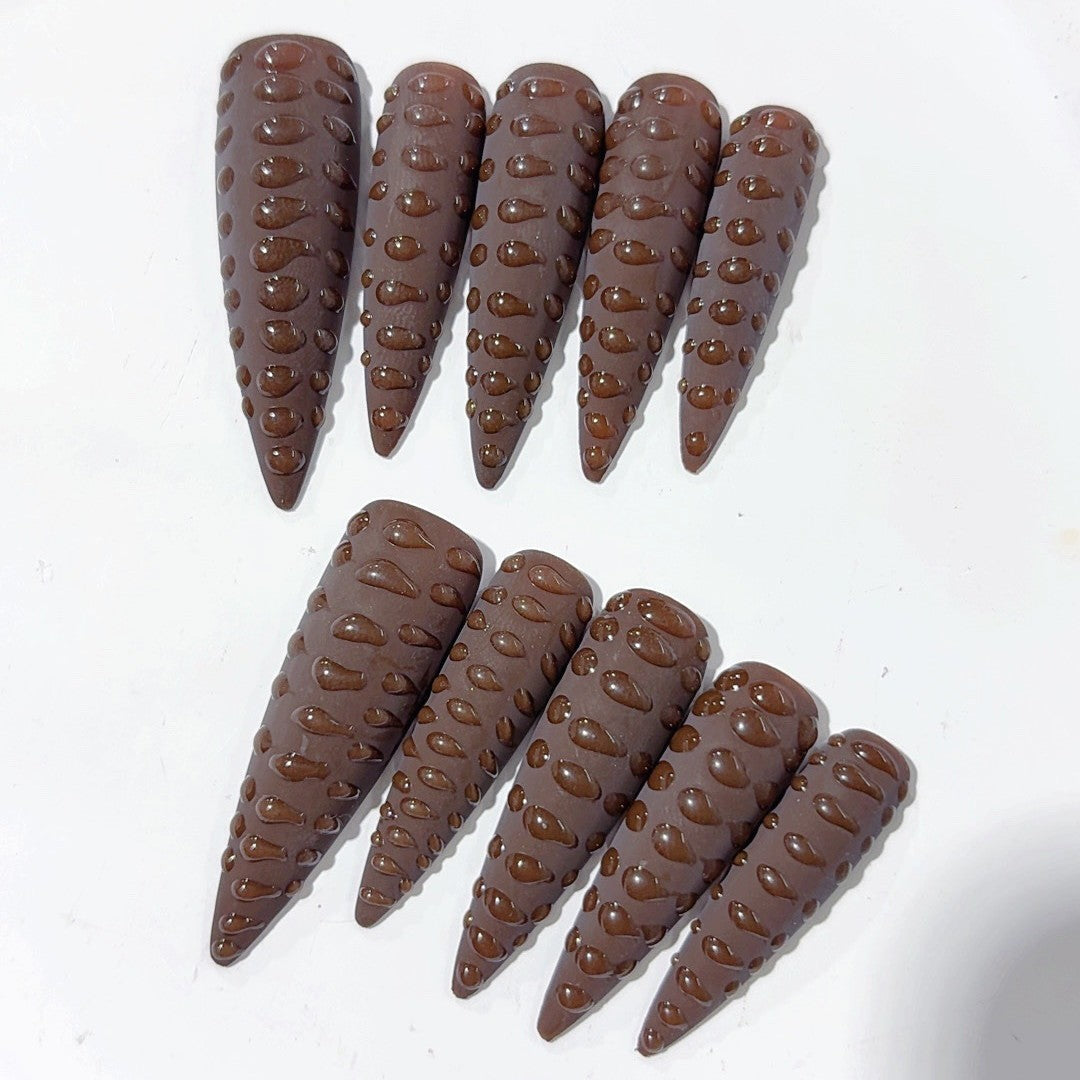 365nails-巧克力淋漿：「可可紋理」– 尖形 手工製 3D 雕刻 穿戴甲