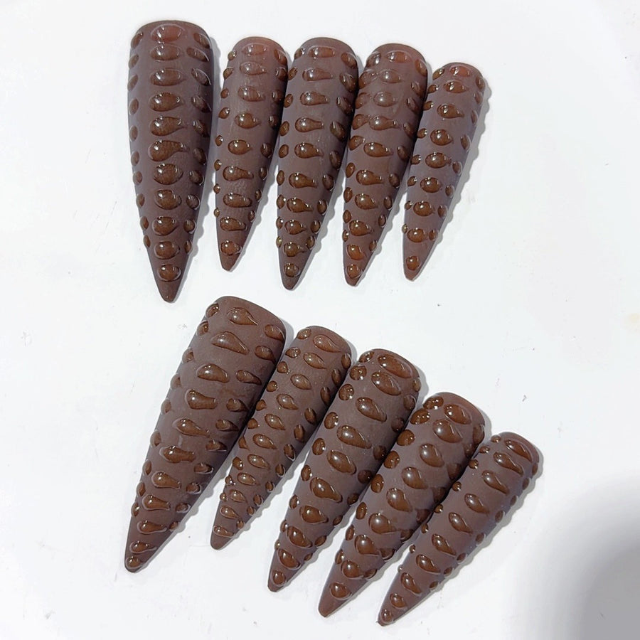 365nails-巧克力淋漿：「可可紋理」– 尖形 手工製 3D 雕刻 穿戴甲