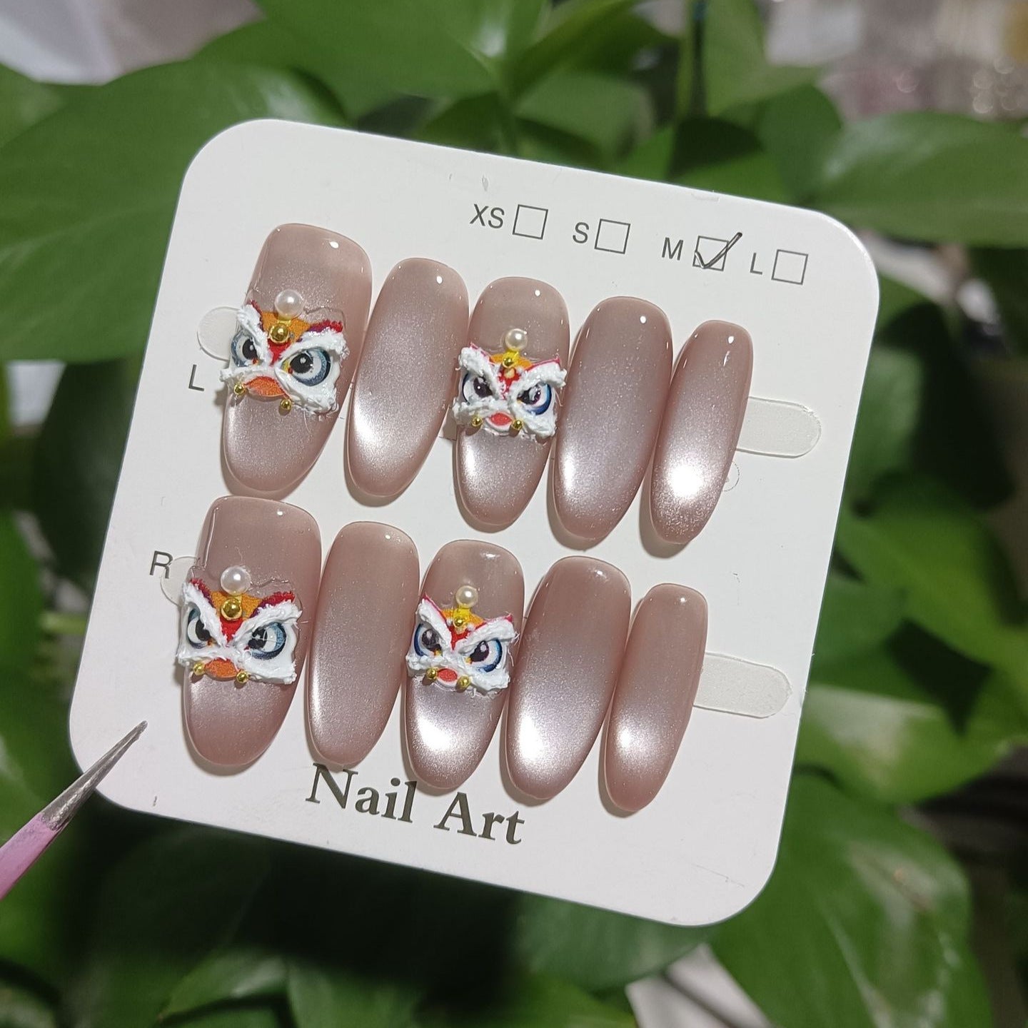 Auspicious Lion Dance: "Lion Dance Bow" – Square Shape Handmade Press-On Nails