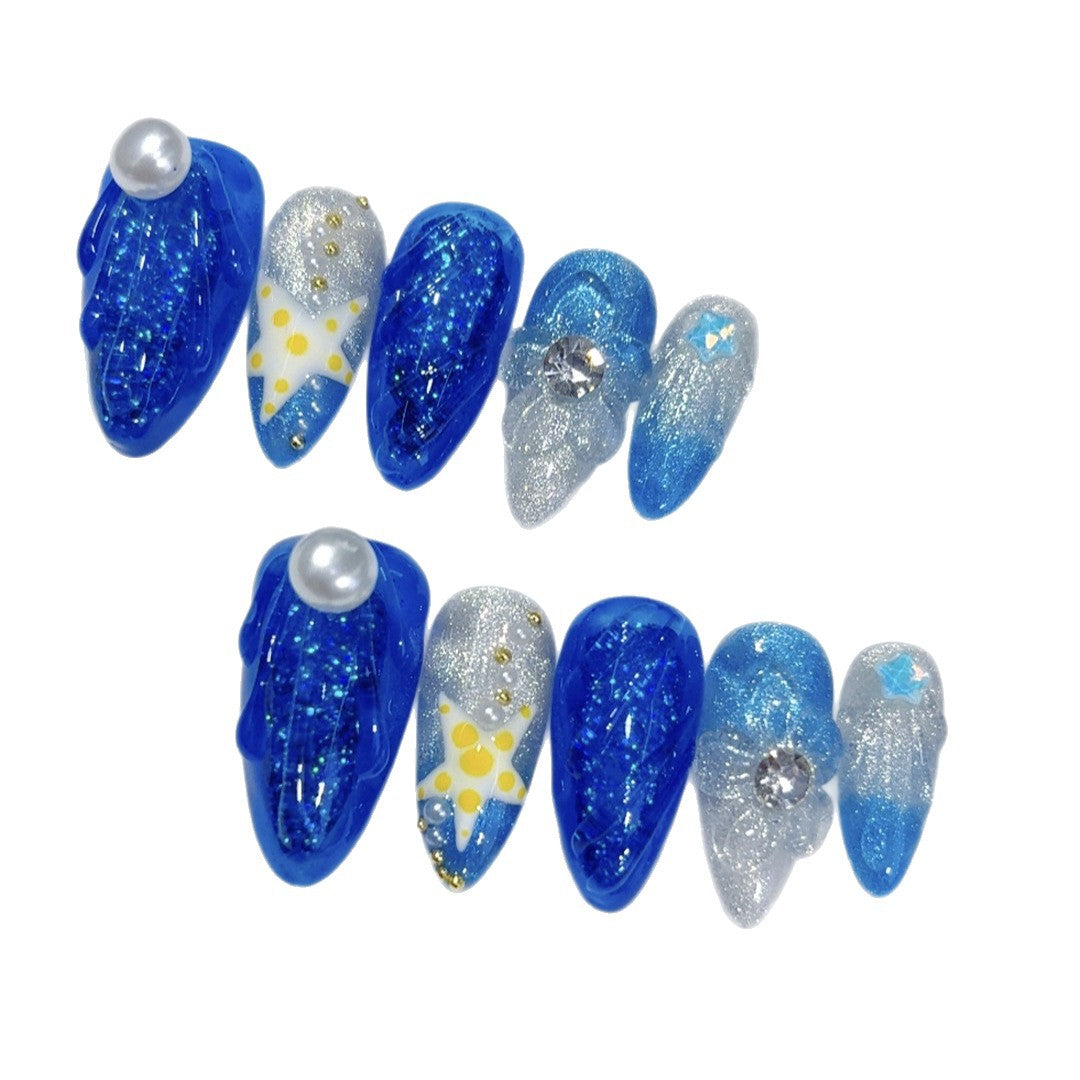 365nails: "Sereia Estrelada do Mar Profundo" – Unhas Postiças Artesanais Azul Glitter Marinho Amêndoa Média