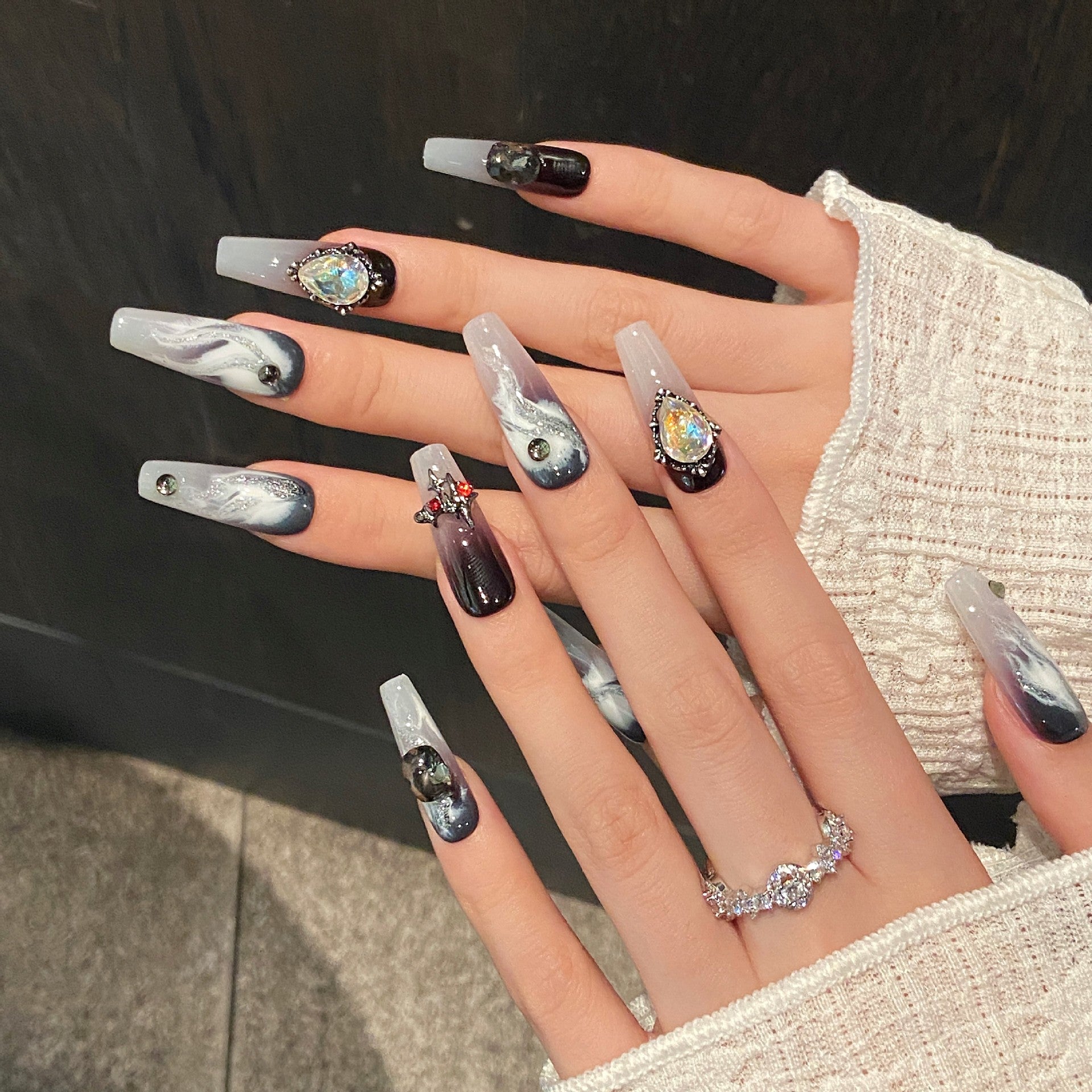 Black punk style smudged metal zircon finished niche long handmade nails | 365nails